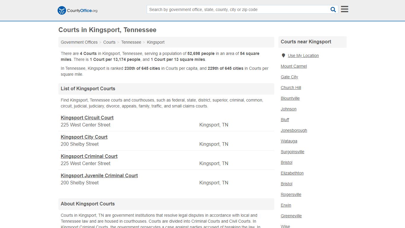 Courts - Kingsport, TN (Court Records & Calendars) - County Office